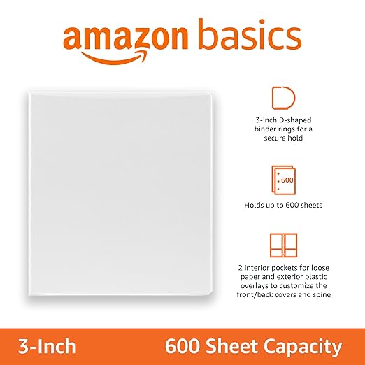Amazon Basics 3 Ring Binders, 3 Inch, 2 Pack, D-Ring Organizer for School, Home Office, White