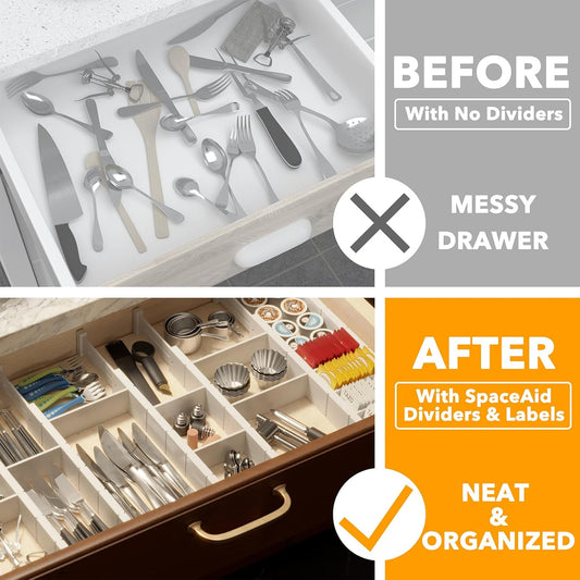 SpaceAid Bamboo Drawer Dividers with Inserts and Labels, Kitchen Adjustable Drawer Organizers, Expandable Organization for Home, Office, Dressers, 10 Dividers with 24 Inserts (17"-22" White)