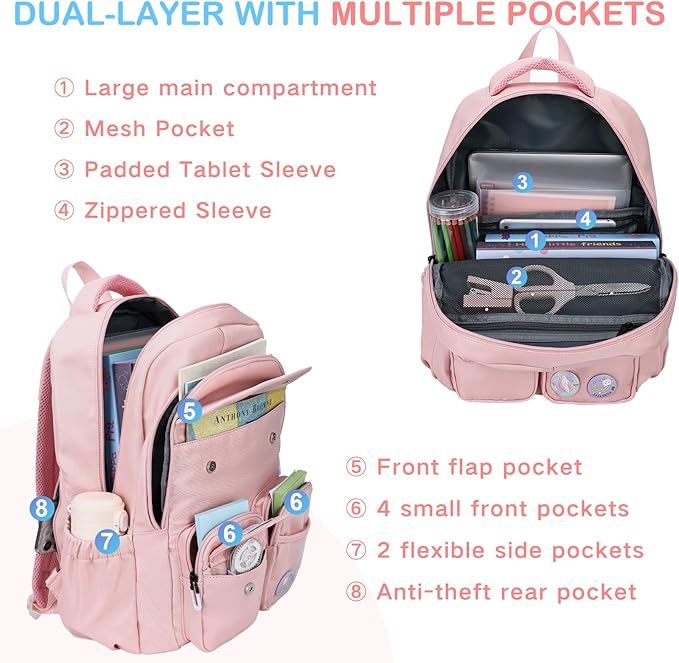 VASCHY Backpack for Girls, Cute School Bag Bookbag for Elementary Middle Schooler Teen Girls/Kids Travel with Clear Pin Pouch Pink