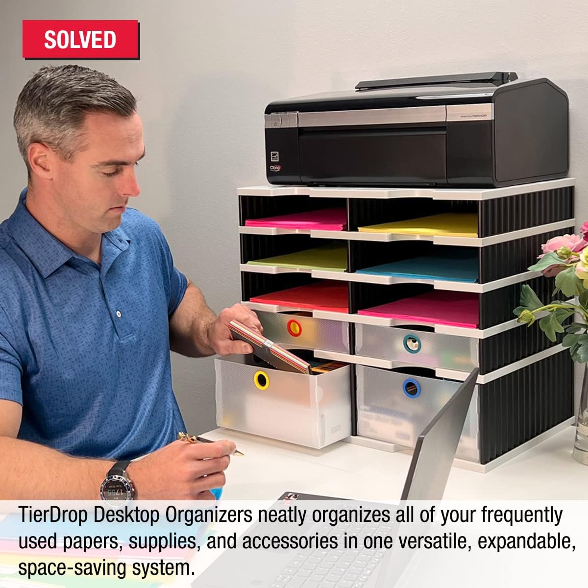 Desktop Organizer 8 Letter Tray Sorter Plus Riser Base, 2 Supply & 2 Storage Drawers - TierDrop Plus Keeps All of Your Documents & Supplies in Clear View & Within Arm's Reach Using Minimal Desk Space