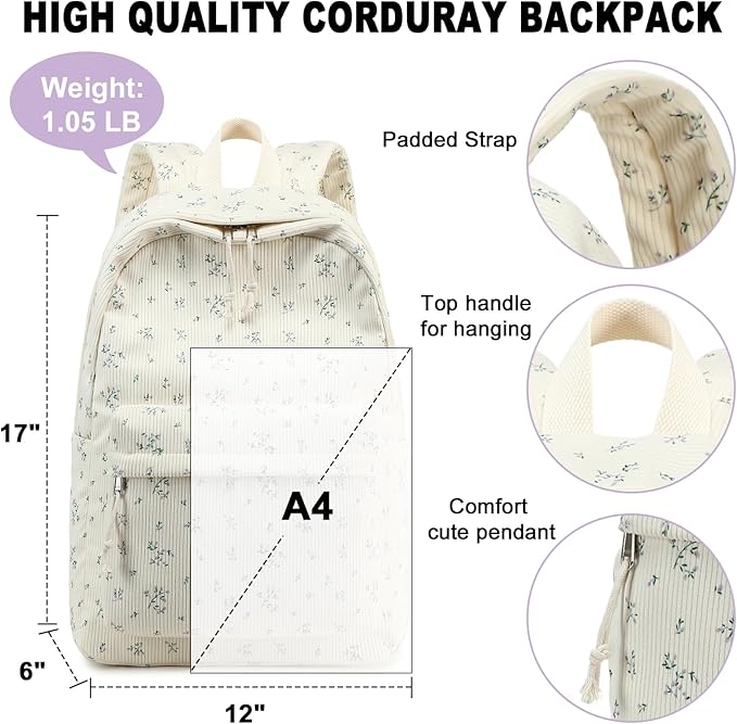 School Backpack for Teens Large Corduroy Bookbag Lightweight 15.6 inch Laptop Bag for Girls Women Casual High School College