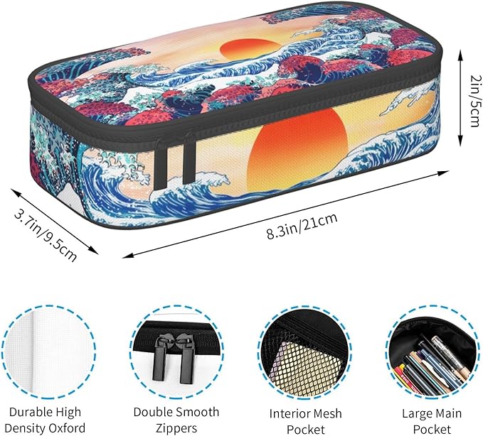 Japanese Ocean Waves Large Pencil Case With Zipper Compartments Stationery Pencil Bag For Kids Teens Students School Supplies