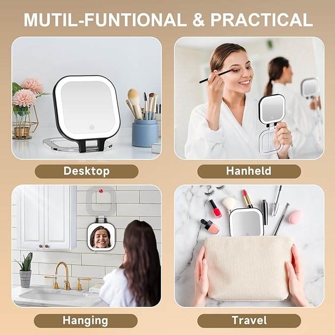 Mocado Compact Travel Makeup Mirror, 1X/10X Magnifying Mirror with Light, Double Sides Compact Mirror with 3 Color Light, Dimmable Handheld Mirror, Rechargeable Travel for Purse,Pocket(Black)