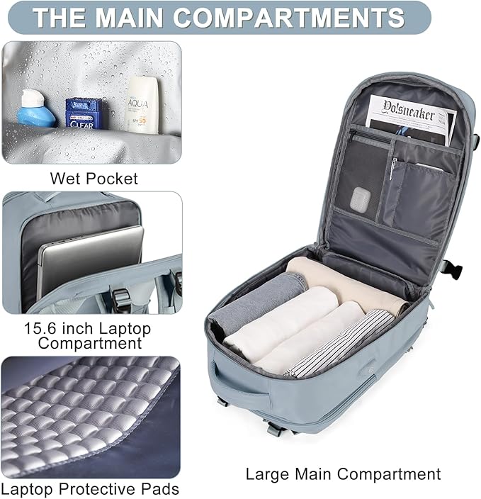 Large Travel Backpack For Women Men Airline Approved Carry On Backpack Flight Approved Waterproof Sports Luggage Backpack Casual Daypack Hiking Backpack Grey Blue