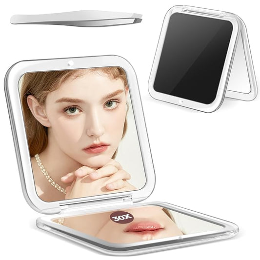 MIYADIVA Compact Mirror, 30X Magnifying Mirror, Pocket Mirror for Purse, Travel Makeup Mirror with 30X/1X Magnification, Travel Essentials Mirror, Precision Tweezers, Present for Girls