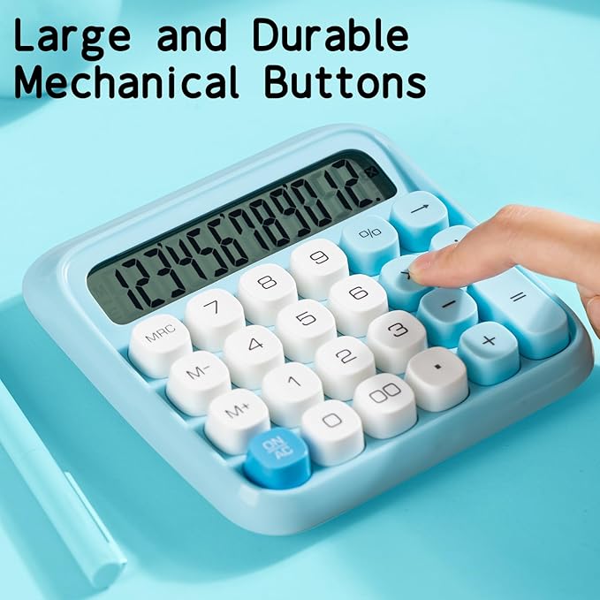 Deli Mechanical Switch Calculator 12 Digit, Large LCD Display Calculators Desktop with Big Buttons, Cute Calculator for Teachers Students Basic Office, Blue