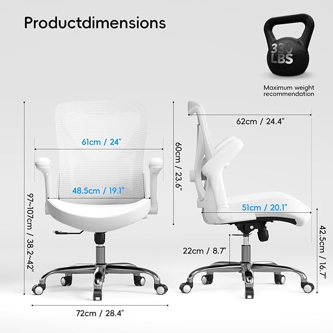 Home Office Ergonomic Chair-Computer PU Leather X-Shaped Desk Chair-Gaming Chair with Adjustable Flip-up Armrests Lumbar Support Mesh Executive Chair for Long Hours Office (White)