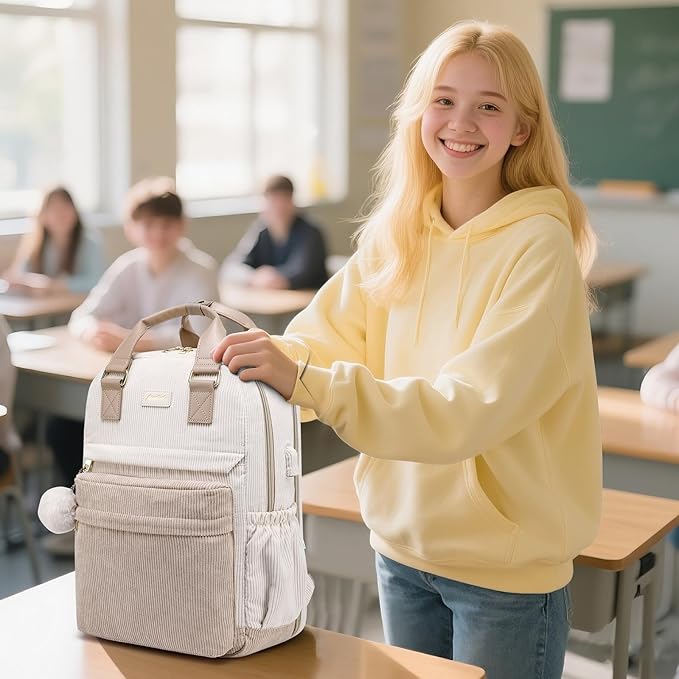 School Backpack for Girls Laptop Bookbag: Casual Corduroy Women Backpacks with USB Charging Port TSA Friendly Travel Back Pack with Anti-Theft Pocket Cute College Daypack for Teen Students Khaki Beige