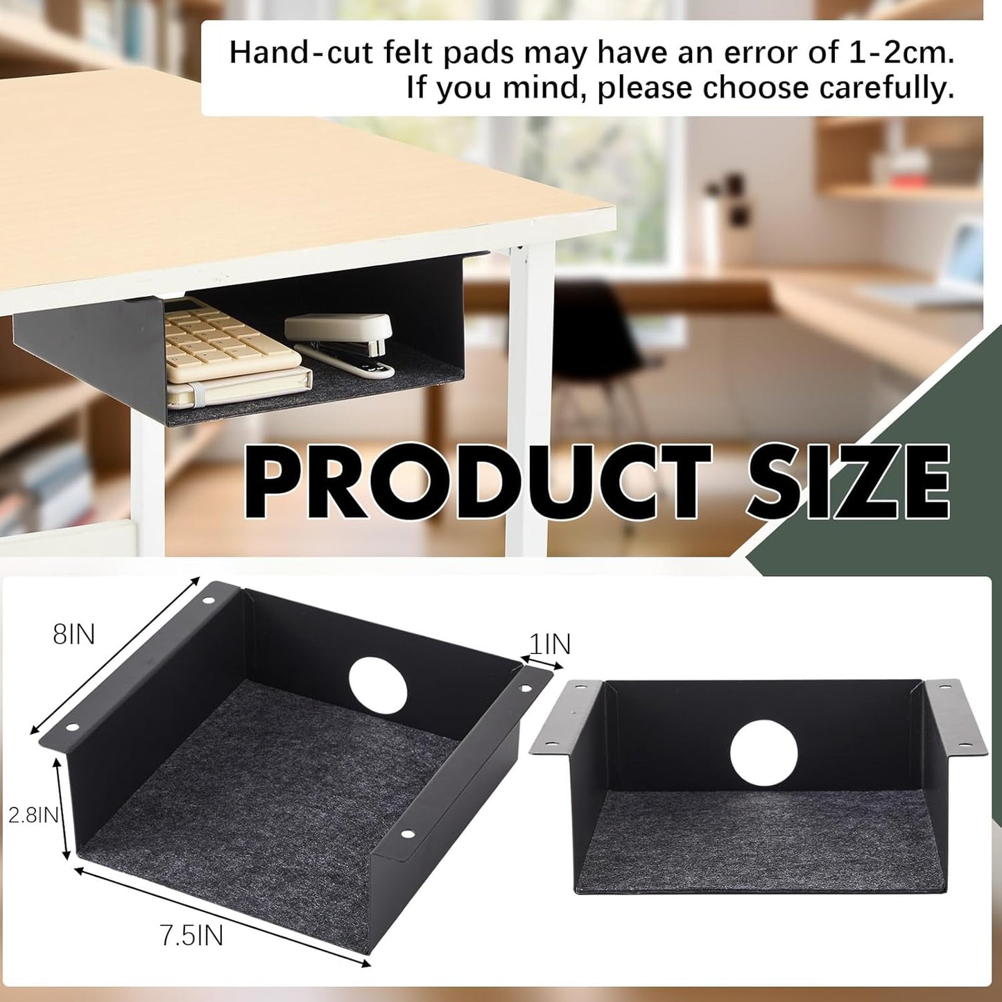 2 Pack Under Desk Storage Shelf, Carbon Steel Tray with Mute Felt Sheets, Mount Shelves Organizer for Office Home Workstation Gaming Stand Up Desk (7.5x8x2.8 In/Storage Shelf,Black)