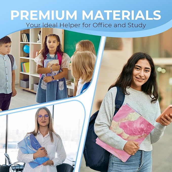 6 Pack Marble Design File Folders with Pockets - Plastic Folder with 2 Pockets & a Business Card Holder, Durable File Folders for Documents, School, Office & Home (Folder with Pockets)