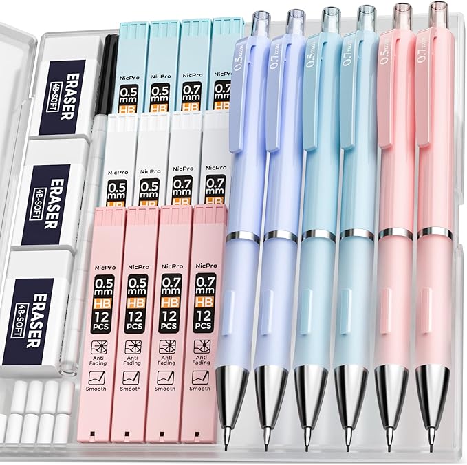 Nicpro 6PCS Pastel Mechanical Pencil Set with Case, 0.5 & 0.7 mm Cute Pencils with 12 tubes HB Lead Refills, 3 Erasers, Eraser Refills For School Supplies Student Writing, Drafting Drawing Sketching