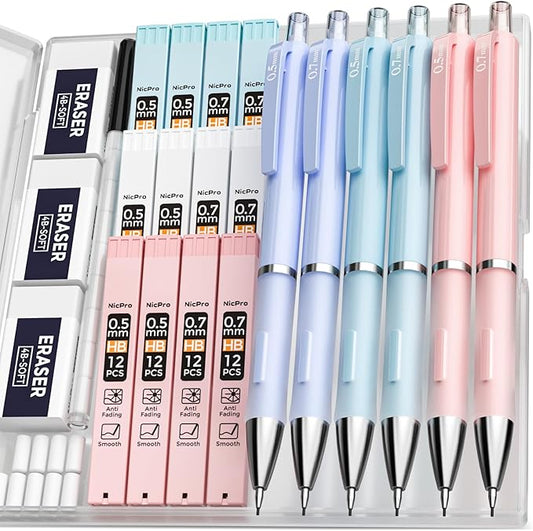 Nicpro 6PCS Pastel Mechanical Pencil Set with Case, 0.5 & 0.7 mm Cute Pencils with 12 tubes HB Lead Refills, 3 Erasers, Eraser Refills For School Supplies Student Writing, Drafting Drawing Sketching