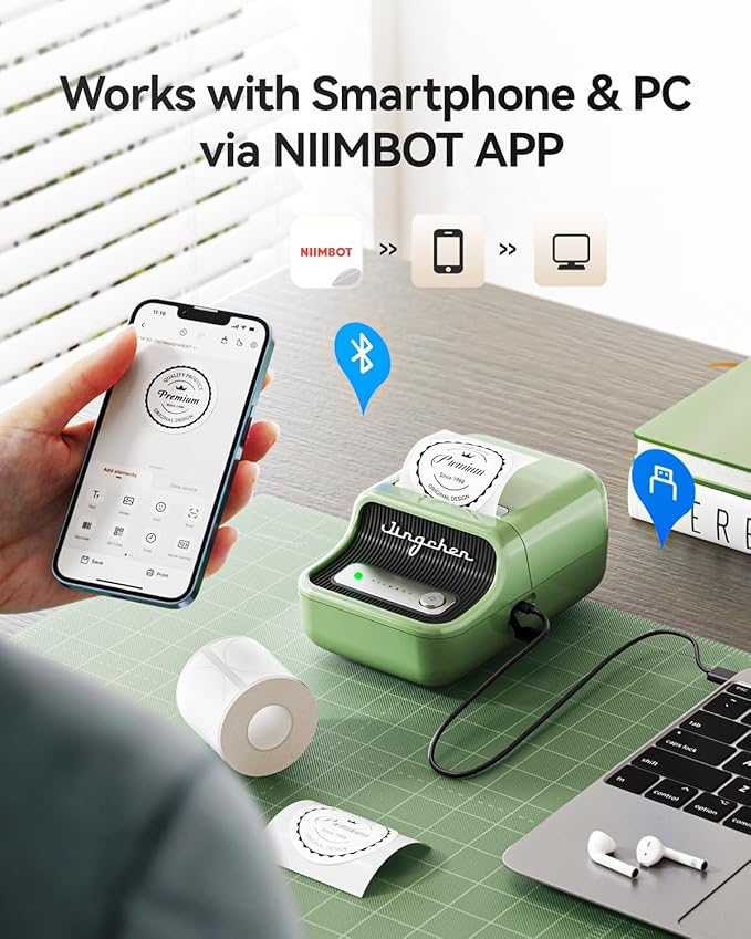 NIIMBOT B21 Label Maker, 2 Inch Portable Thermal Label Printer, Label Maker Machine with Tape, Compatible with Android, iOS & PC,Labeling for Home Storage Office and Small Business,Green