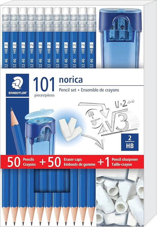 STAEDTLER Norica Pencil Set: 50 Pre-sharpened #2 HB Pencils with 50 Eraser Caps & Double-Hole Sharpener, Break-Resistant Lead, School Pack