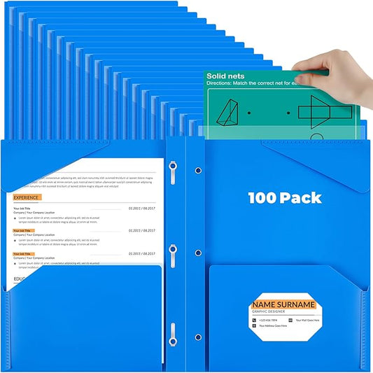 Henoyso 100 Pcs Plastic Folder with Clear Front Pocket and 3 Prong Plastic Folders with Card Slot Pocket Folders with Prongs for School Office (Blue)