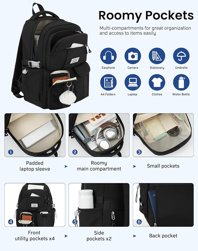 Teen Girls Backpack Black, College Student Book Bag for Womens, Middle High School Bag Elementary Kids Bookbags Morral Escolar Niña