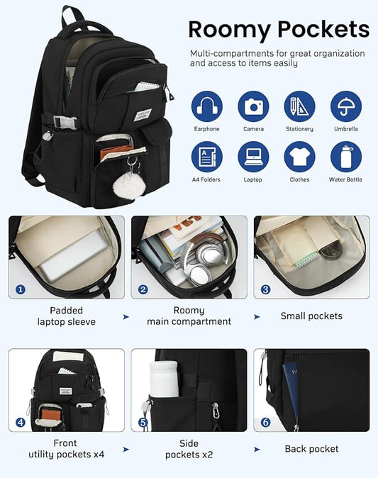 Teen Girls Backpack Black, College Student Book Bag for Womens, Middle High School Bag Elementary Kids Bookbags Morral Escolar Niña