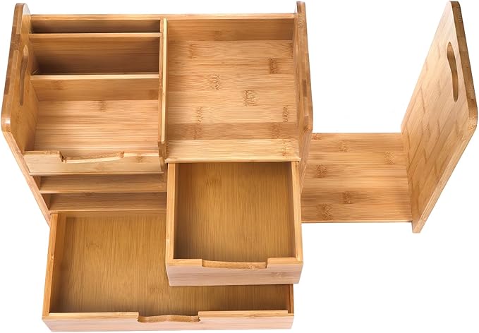 ZOOFOX Bamboo Desk Organizer with Adjustable File Holder, Mail Organizer Countertop with Drawer, 4-Tier Desktop Organization and Desk Accessories for Home Office School Supplies, No Assembly Required