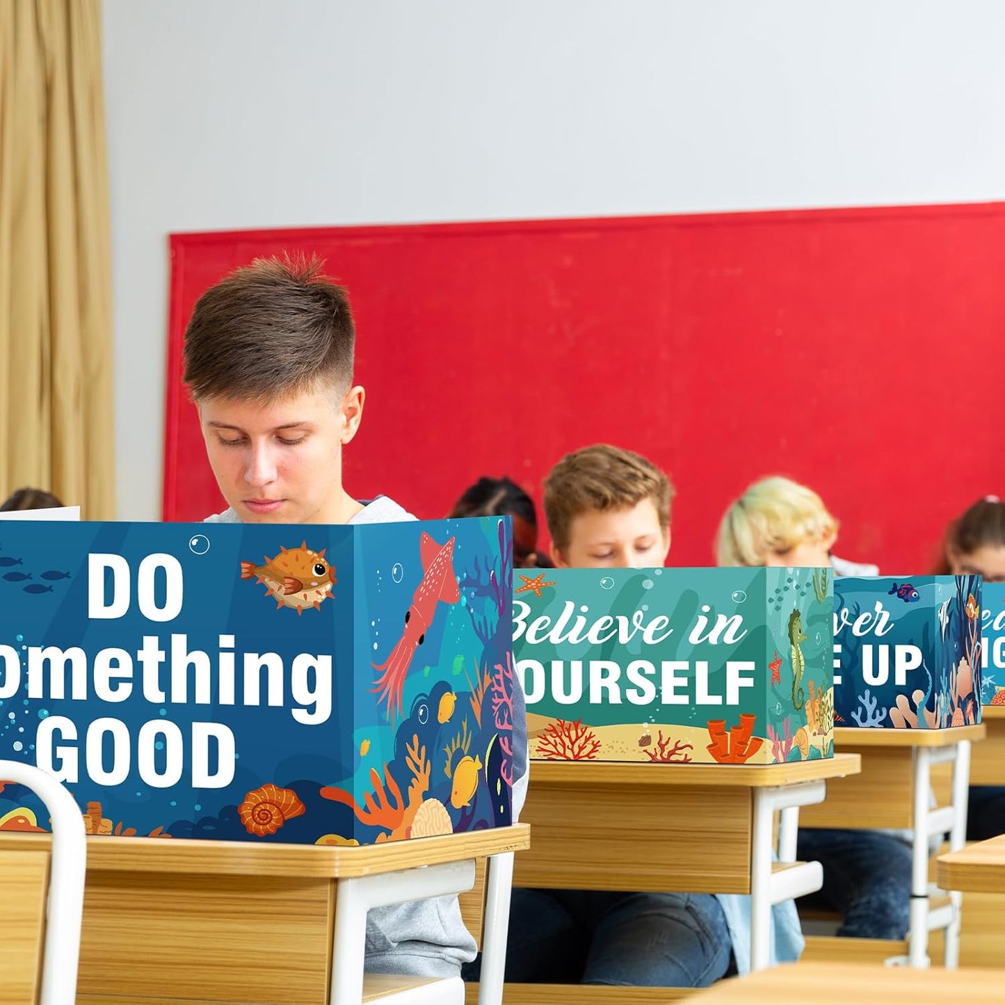 Honoson 24 Pcs Bulk Inspirational Privacy Folders for Students Cardboard Test Privacy Boards Motivational Words Desk Dividers Shield for Classroom School Study Supplies, 6 Styles (Ocean Animal)