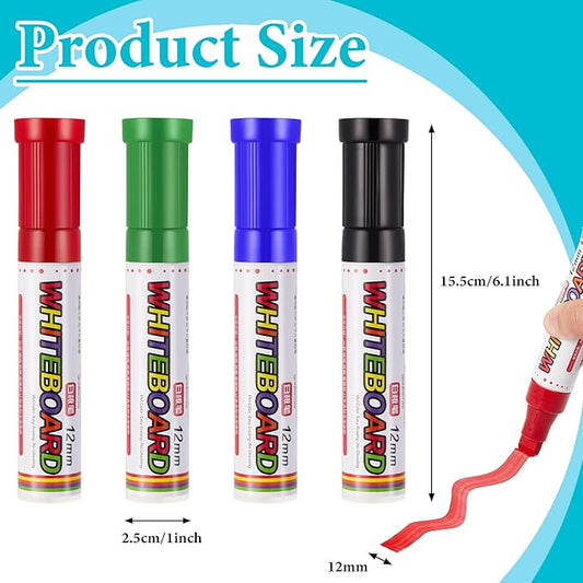 4 Packs Extra Thick Dry Erase Markers Fine Point White Board Markers Dry Erase 12 mm Big Nib Erasable Pens for Glass, Window, Black Board, Mirror, Assorted Colors