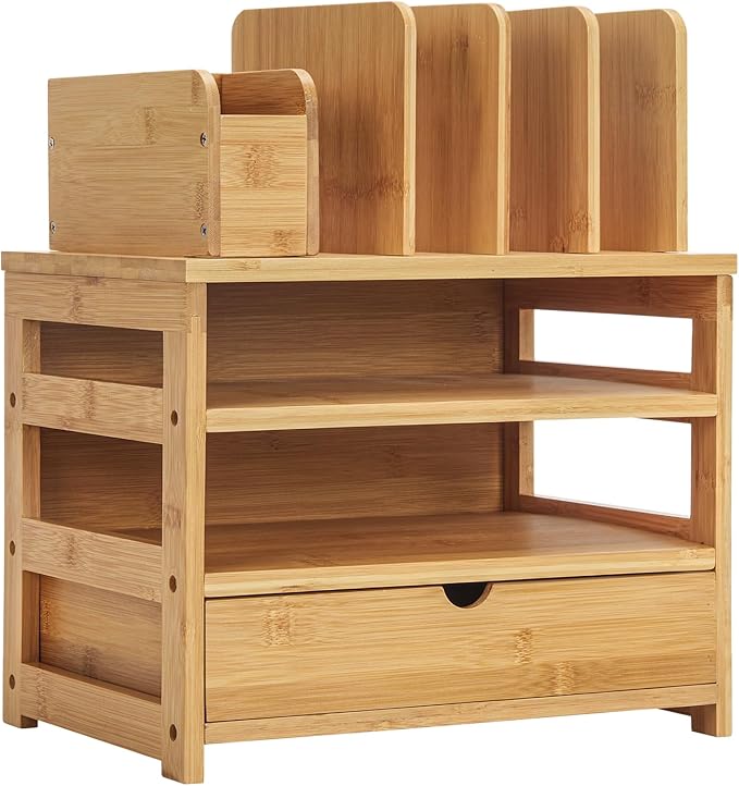 Homde Bamboo Desk Organizer with Drawer and File Holder, Office Organization for Desks with Adjustable Pen Holding, Desktop Letter Paper Tray Storage for Workplace Home School (Natural, L)