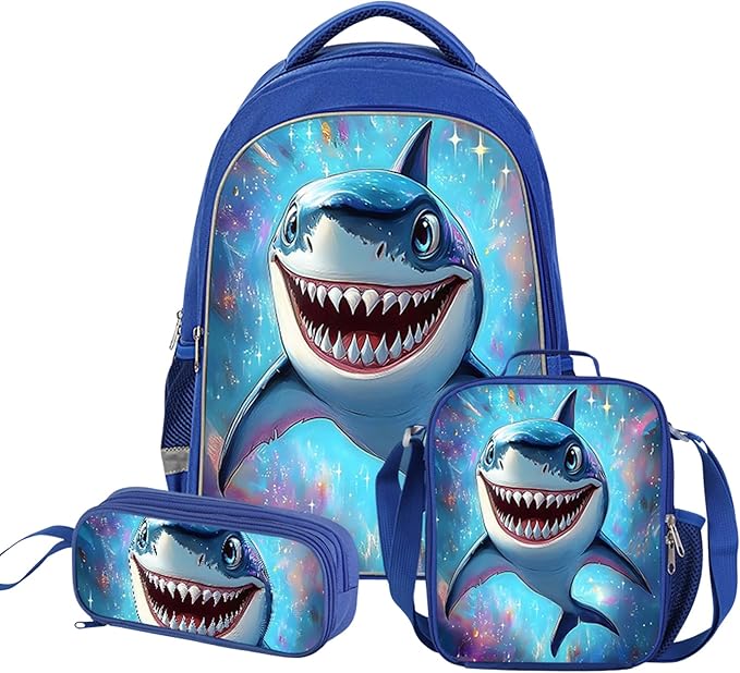 Kids Backpack, 3D Reflective Cartoon, 600D Polyester & Dual Zippers, 17" Bookbag with Ergonomic Design for boys & girls age 6-18, Shark Space Style for school Children Kids