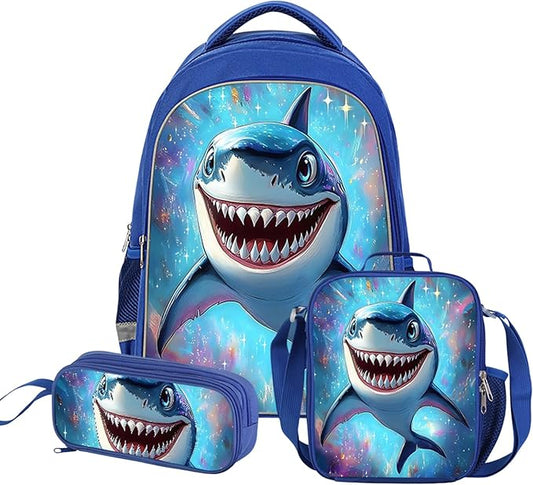 Kids Backpack, 3D Reflective Cartoon, 600D Polyester & Dual Zippers, 17" Bookbag with Ergonomic Design for boys & girls age 6-18, Shark Space Style for school Children Kids