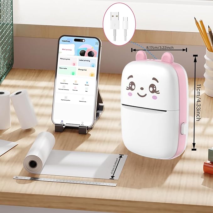 Mini Sticker Printer, Inkless Sticker Printer with 5 Rolls Pape, Bluetooth Smart Pocket Compatible with iOS & Android, Portable Thermal Printer for PicturesRetro-Style Photos(Pink)