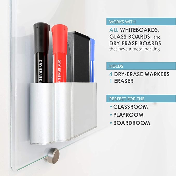 Glassboard Studio Magnetic Dry Erase Marker Holder - Super Strong for Magnetic Glass Whiteboard or Fridge - 2 Large Neodymium Magnets - No Slip Grip - Eco-Friendly PLA Plastic (Ice Blue, KIT)