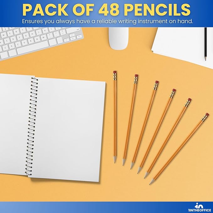 1InTheOffice Pre Sharpened Pencils #2, Pencils with Eraser, 2 HB, Wood-Cased, Black Lead, Yellow Barrel (48)