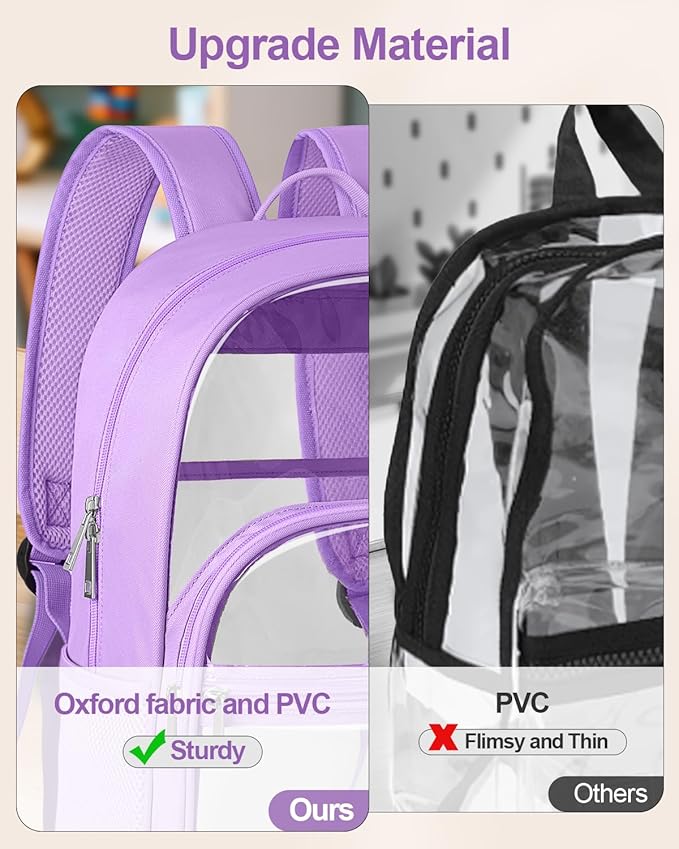 Clear Backpack, Heavy Duty Transparent Bookbag for School, Fabric & PVC Transparent Backpack with Reinforced Strap for Women Men, Capacity Clear Bag for College, Travel, Purple