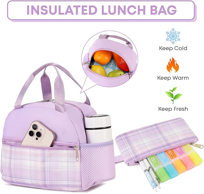 3PCS School Backpack For Student Women College Middle High Teen Girls Bookbag Waterproof Laptop Bag Plaid Purple