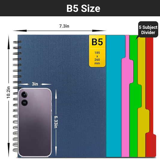 EUSOAR Spiral Notebook Hardcover, 3pcs B5 7.3"x10.2" 5 Subject College Ruled Writing Pad, 100GSM 120Sheets/ 240Pages of Lined Paper, for School, Home Supplies, Office and Business, Royal Blue