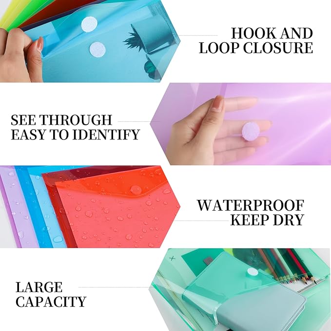 LEOBRO Plastic Envelopes, 8 PCS Plastic Folders for Documents, A4 File Folder, Document Holder, Poly Storage File Bags, Filling Envelopes