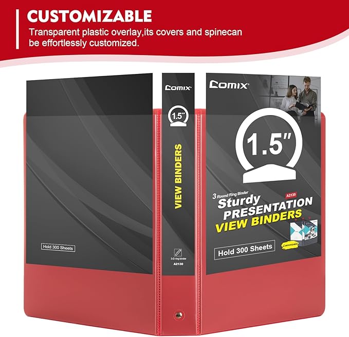 COMIX 3 Ring Binder 1.5 inch with Clear View Cover, 1.5" View Binder Holds 300 Sheets of US Letter Size Paper, 6 Pack (Red)