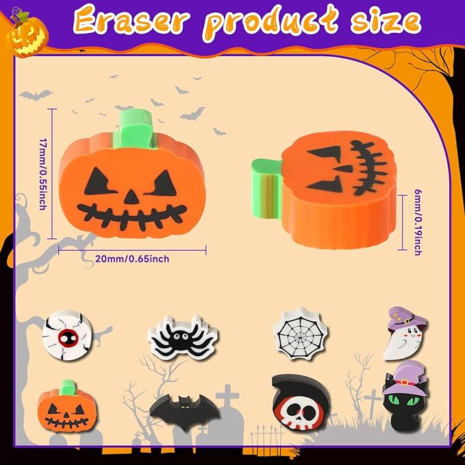 JULMELON 72PCS Halloween Party Favors Set,36PCS Halloween Pencils with 36PCS Ghost Pumpkin Skeleton Bat Spider Erasers, Wooden Pencils for Kids School Classroom Office Party Reward Supplies