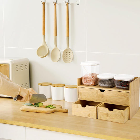 Bamboo Desk Organizer 3 Drawer with Shelf, Countertop Organizer with Drawers Makeup Storage Drawer 3 Drawers Tabletop Storage Organization Box Home Office Workspace