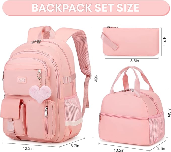 3PCS Backpack For School Women College Middle High Teen Girls Student Bookbag Waterproof Laptop Bag Pink