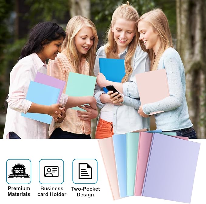 HABGP Two Pocket Folder With Prongs (5 Pack, Pastel Colors), Plastic Folders With Pockets and Business Card Holder, Fit Letter Size, for Organizing Papers in School, Office & Business