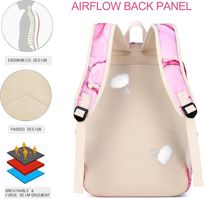 Teen Girls School Backpack Kids Bookbag Set with Lunch Box Pencil Case Travel Laptop Backpack Casual Daypacks, Large, Pink-marble