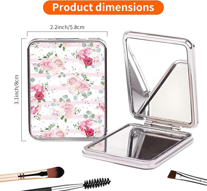 Compact Pocket Mirror, Cute Travel Mini Mirror with Magnification, Foldable Double-Sided Portable Cosmetic Mirror for Men, Women Stripe Pink Rose