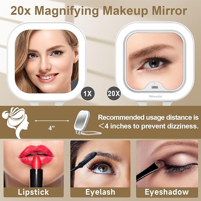 Mocado Compact Travel Makeup Mirror, 1X/20X Magnifying Mirror with Light, Double Sides Compact Mirror with 3 Color Light, Dimmable Handheld Mirror, Rechargeable Travel for Purse,Pocket(White)