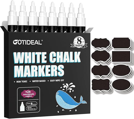 GOTIDEAL White Chalk Markers, Bold Tip Washable, for Blackboard, Glass & Bistro, Car Window, Non-Toxic, Erasable Paint Chalk Pens, Reversible Tip-6mm