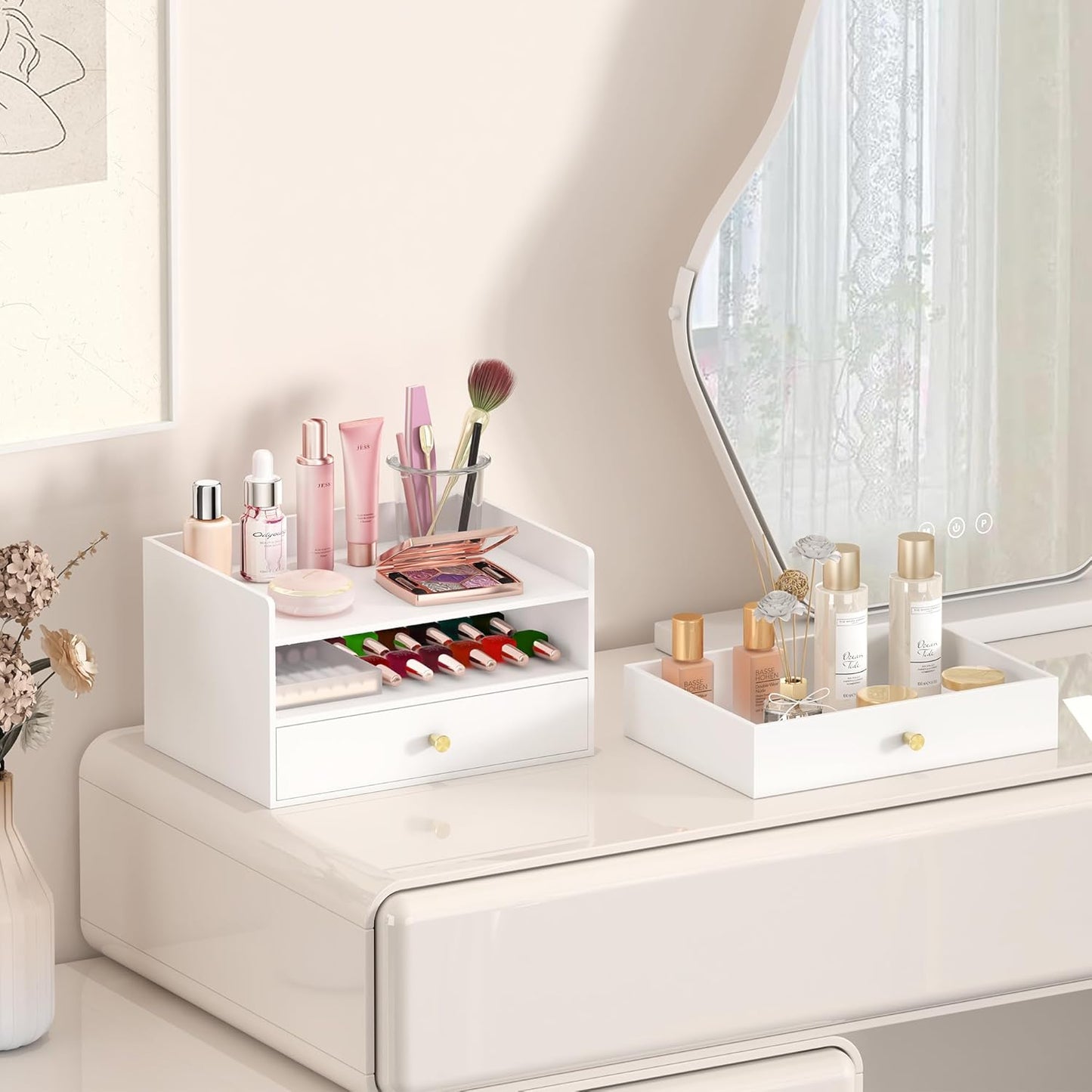 Bamboo Desk Organizer - Stackable, No Assembly Required, Ideal for Office/Home Use - Perfect for Toiletries, Stationery, Accessories. (White, Two level drawer box with sides)