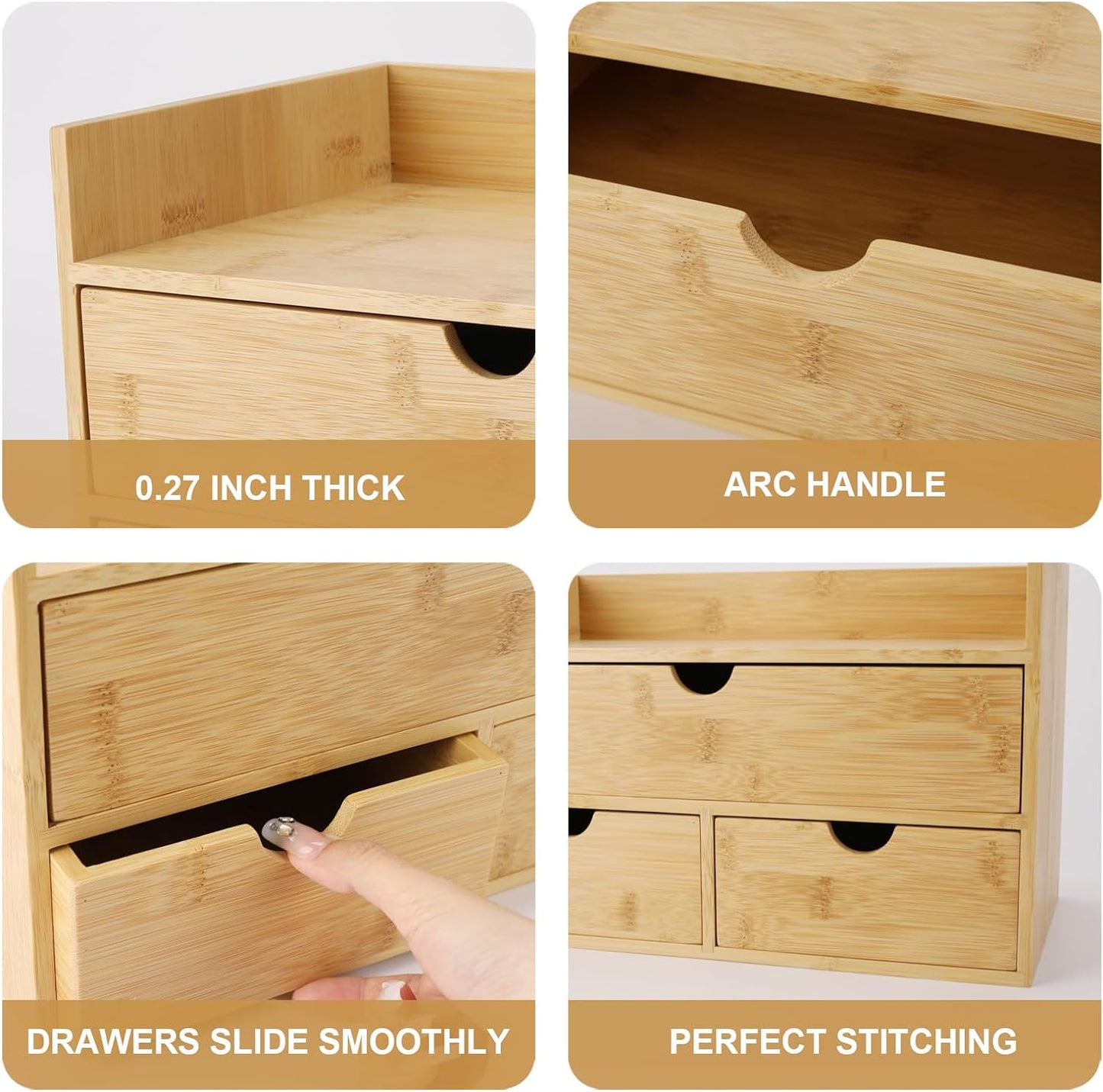 Bamboo Desk Organizer 3 Drawer with Shelf, Countertop Organizer with Drawers Makeup Storage Drawer 3 Drawers Tabletop Storage Organization Box Home Office Workspace