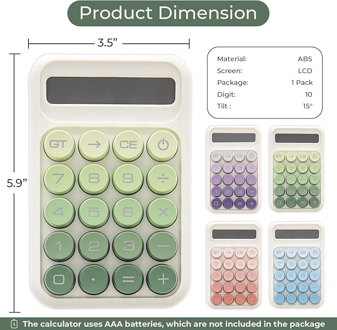 Y YOMA 1 Pack Mechanical Switch Calculator with 10 Digit Large LCD Display Big Button, Mini Cute Desktop Calculator 4 Function Basic Calculators for School Home Office Business, Leaf Green