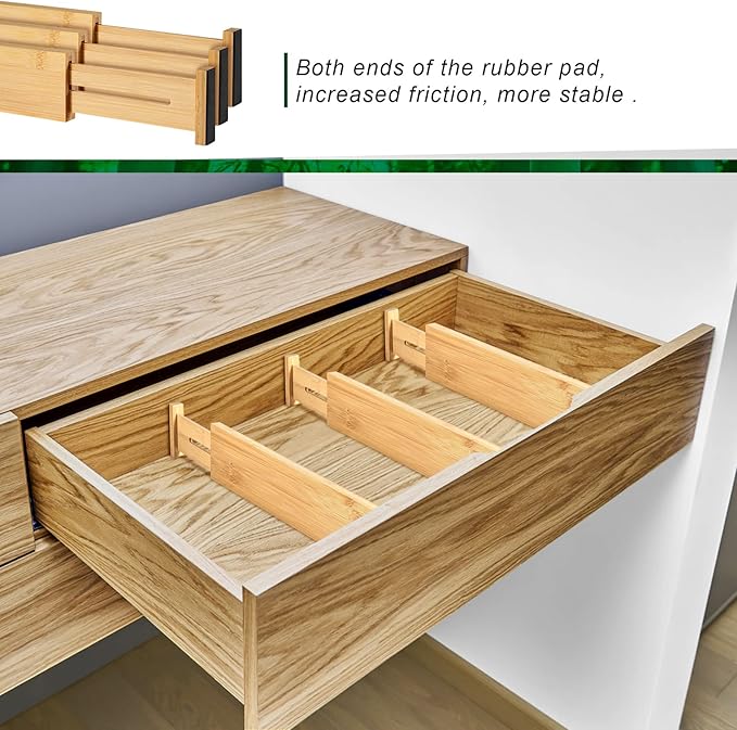 FJO 4 Pack Adjustable Bamboo Drawer Dividers - 12.5" - 21.7" Expandable Drawer Separators for Kitchen, Utensils, Clothes, Bedroom, Dresser, Bathroom (Beige)