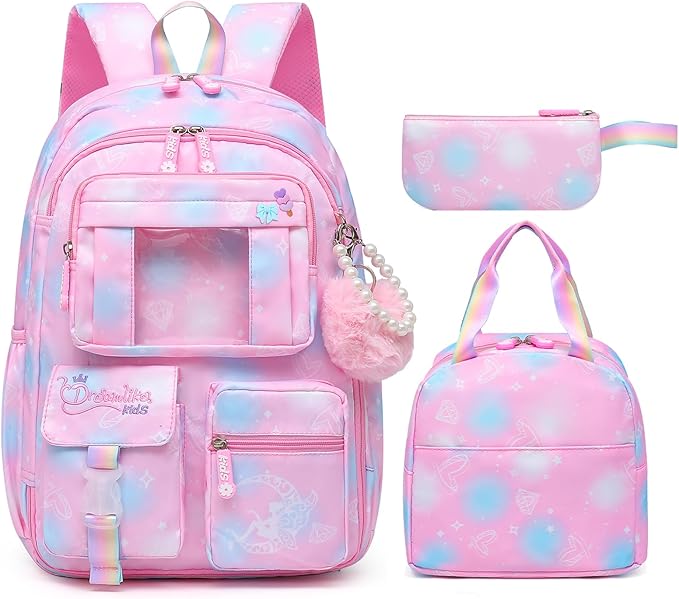 Sweet Girls Backpack - Stylish Splash-resistant School Bag with Multiple Pockets & Trendy Laptop Compartment（17inch Set Pink）