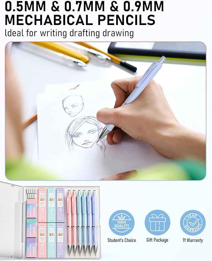 Nicpro 6PCS Pastel Mechanical Pencil Set, Cute Mechanical Pencils 0.5 mm & 0.7 mm & 0.9 mm with 360PCS HB Lead Refills, Eraser, Eraser Refill for Student Writing Drawing Sketching Drafting with Case