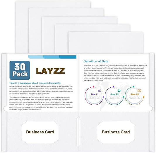 Folders with Pockets, LAYZZ 30 Pack Paper Pocket Folders, 2 Pocket Folders Fits Letter Size Paper, for School Office and Home (White)